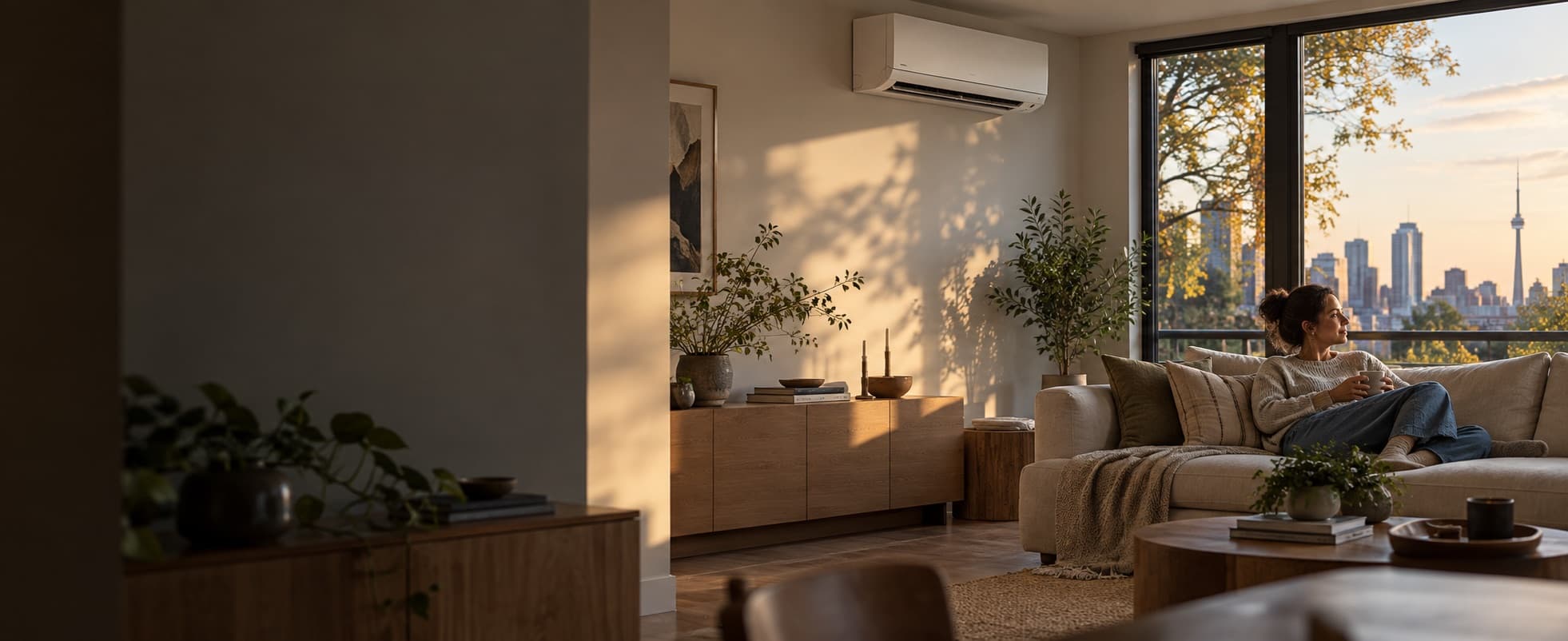 A comfortable living room with a ductless heat pump